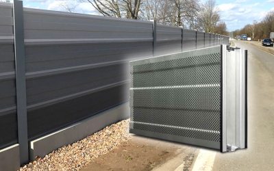 Alu-Lärmschutz-Element, Ansicht Lärmschutz-Element draußen, Detailansicht eines Elements als Fotomontage